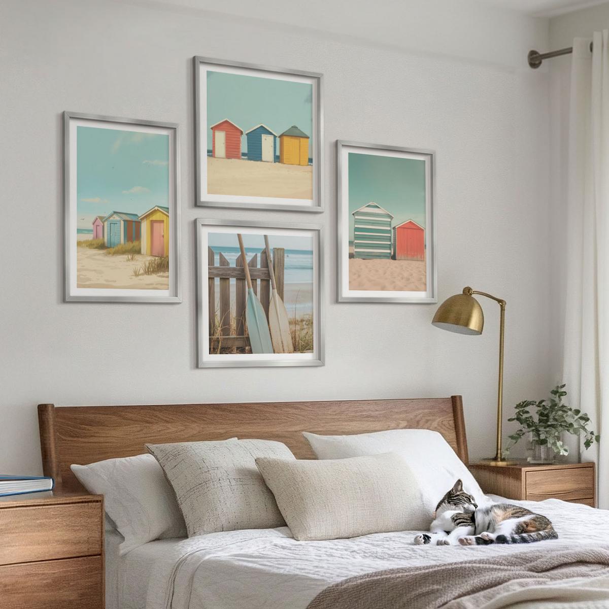 BILDER SET 4er Set - 50x50 cm & 40x60 cm Silberner Rahmen - Bunte Strandhäuser - Silberfarben, Kunststoff (50/50cm) - TULUP