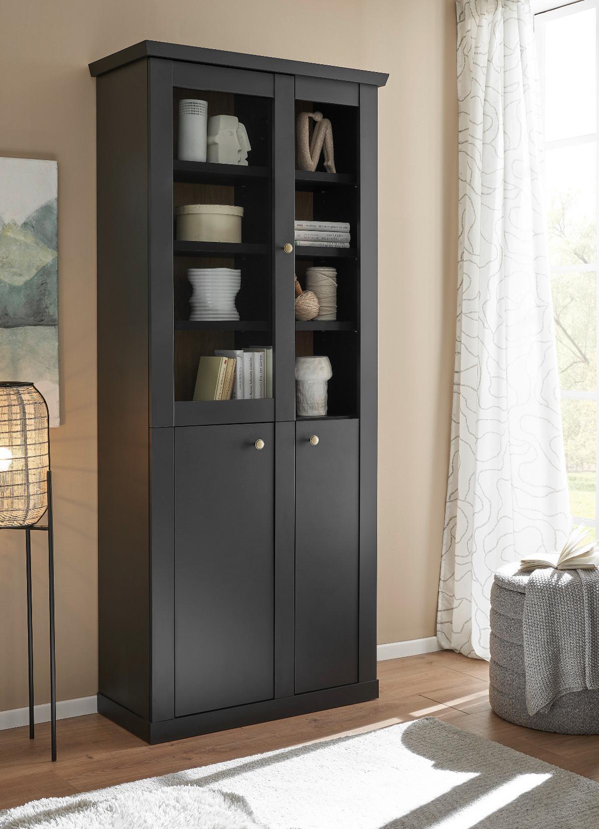 VITRINE schwarz matt, Eiche 86 cm, Vitrinenschrak Landhaus mit Soft-Close - Eichefarben/Messingfarben, Glas/Holzwerkstoff (86/200/39cm) - Furn.Design