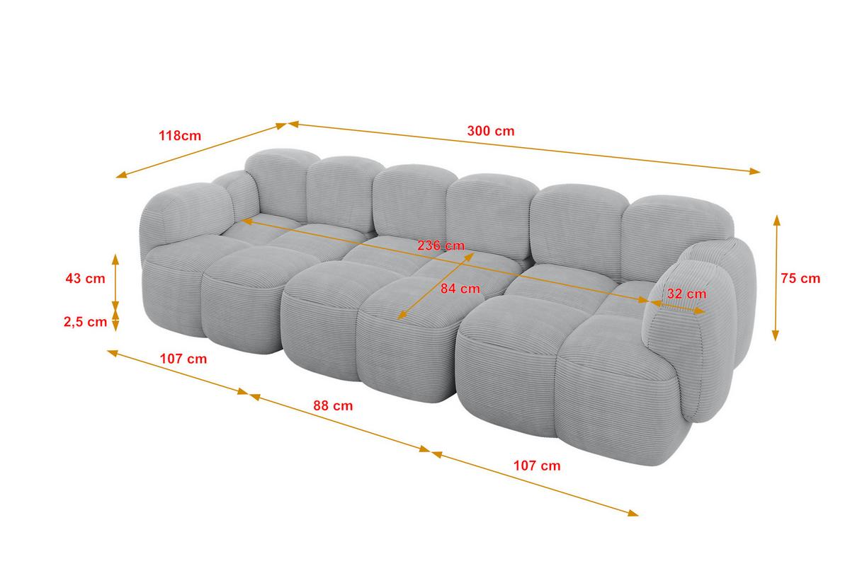 3-SITZER modulares Sofa Miko-S2 300x118x75 cm Grau Cord - Anthrazit/Schwarz, Holzwerkstoff/Kunststoff (300/75/118cm) - ALTDECOR