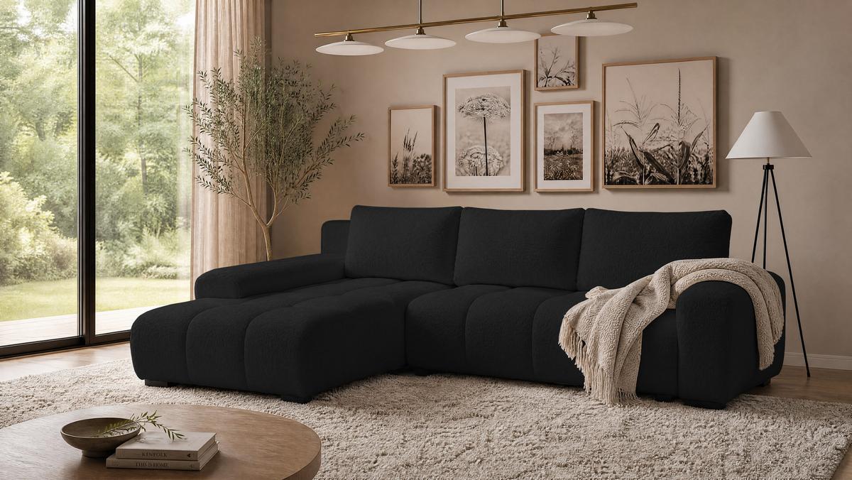 ECKSOFA Ovia mit Bettkasten und Schlaffunktion, Bouclé-Stoff in L-Form - Schwarz, Textil (270/185cm)