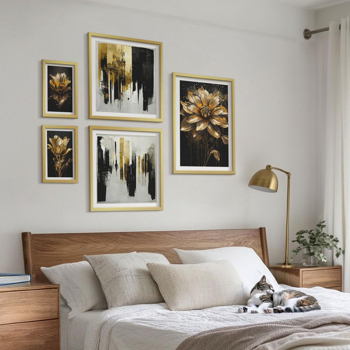 BILDER SET 5er Set - 50x50 cm & 20x30 cm & 40x60 cm Goldrahmen - Blumenbrücke – Lebensinspiration - Goldfarben, Kunststoff (40/60cm) - TULUP