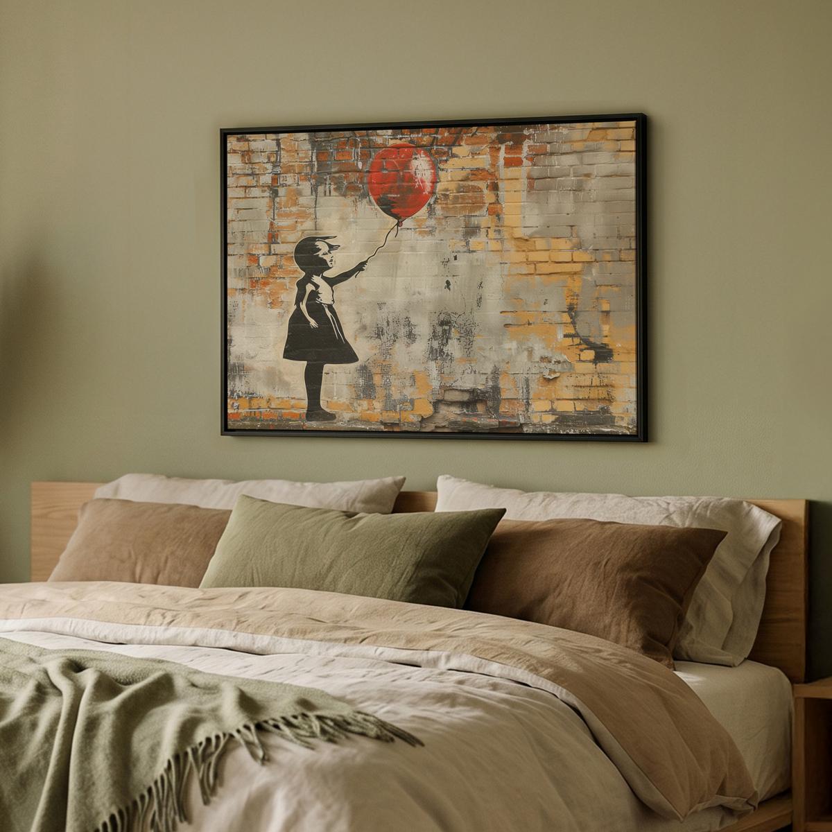 LEINWAND Bilder mit Rahmen - Graffiti - Banksy - Mädchen - Straßenkunst - 70x50 - Sandfarben, Textil (70/50cm) - MuchoWow