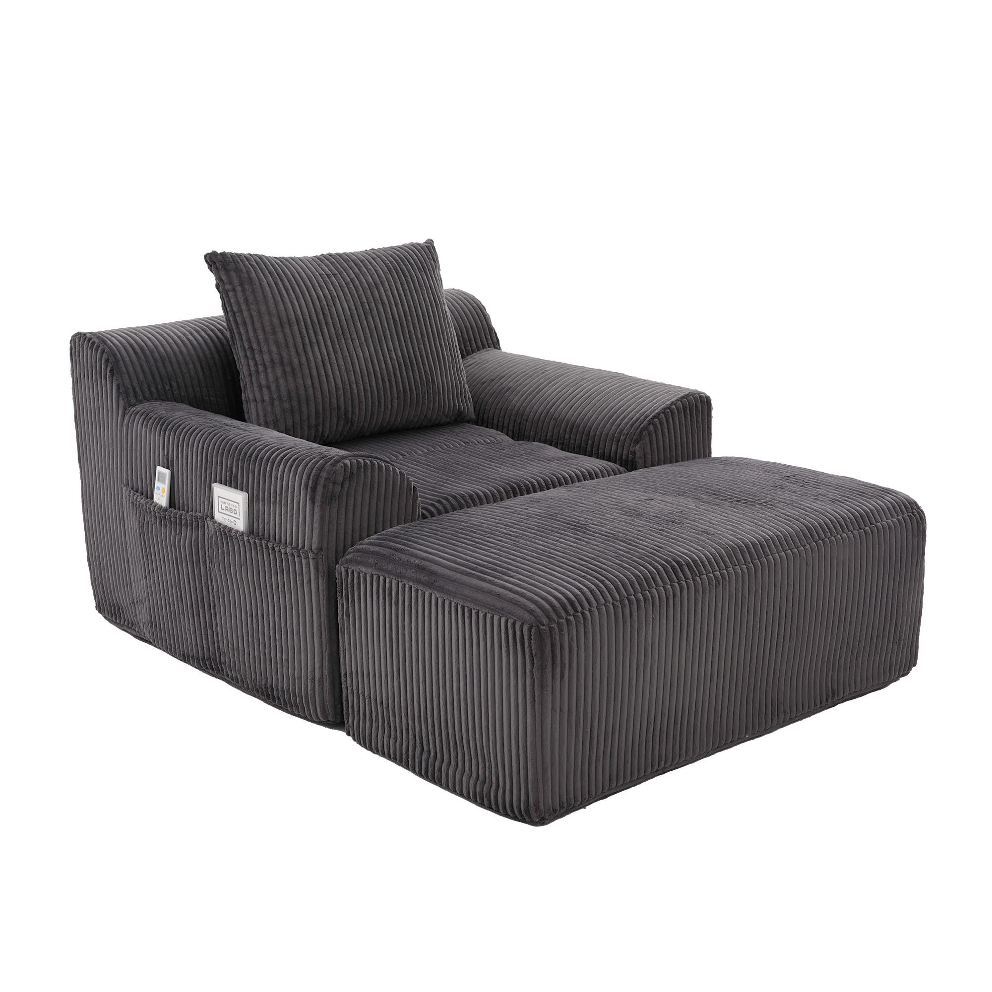 SESSEL mit Hocker in Cord Übergroßer Relaxsessel - Dunkelgrau, Textil (110/67/147cm) - Urban Meuble