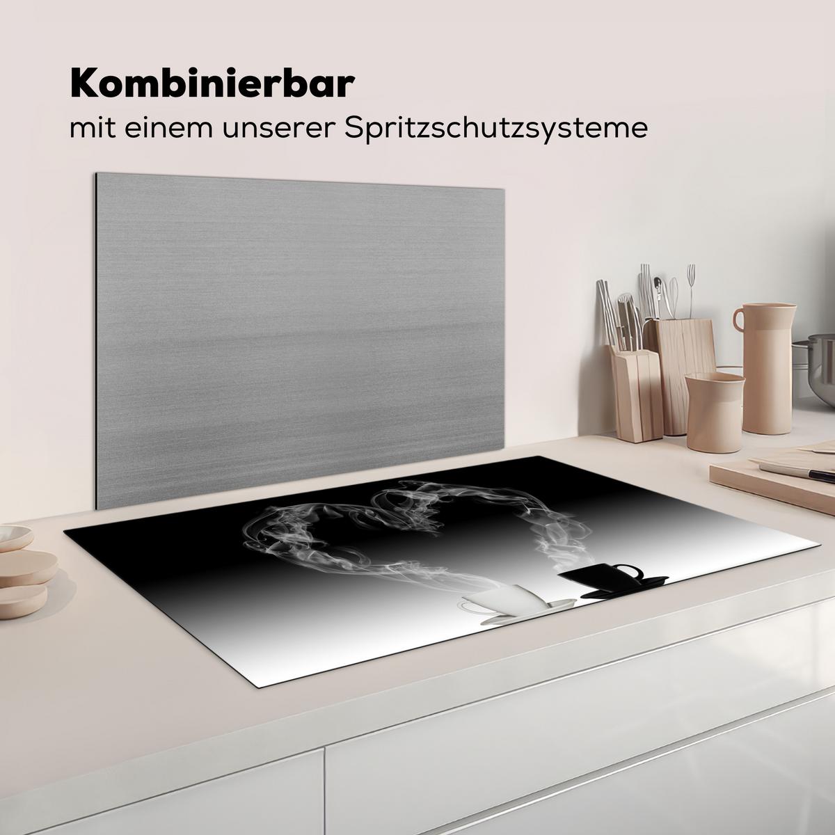 HERDABDECKPLATTE Kaffee - Herz - Schwarz und weiß - Tassen Ceranfeldabdeckung 90x52 cm - Weiß, Kunststoff (90/52/0.2cm) - MuchoWow