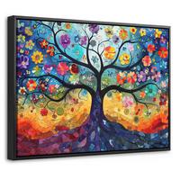 LEINWAND Bilder mit Rahmen - Kunst - Baum des Lebens - Blumen - Hippie - 40x30 - Dunkelblau, Textil (40/30cm) - MuchoWow