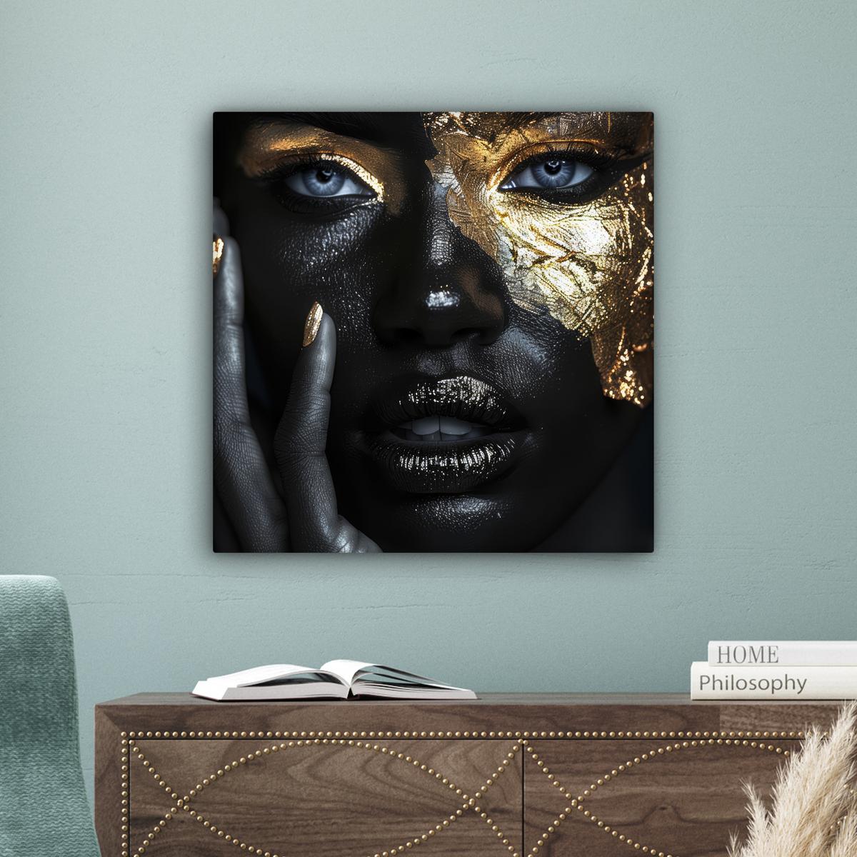 LEINWANDBILD Frau - Gold - Porträt - Schwarz-Weiß - Luxus Wandbild Wohnzimmer 50x50 cm - Hellblau, Textil (50/50cm) - MuchoWow