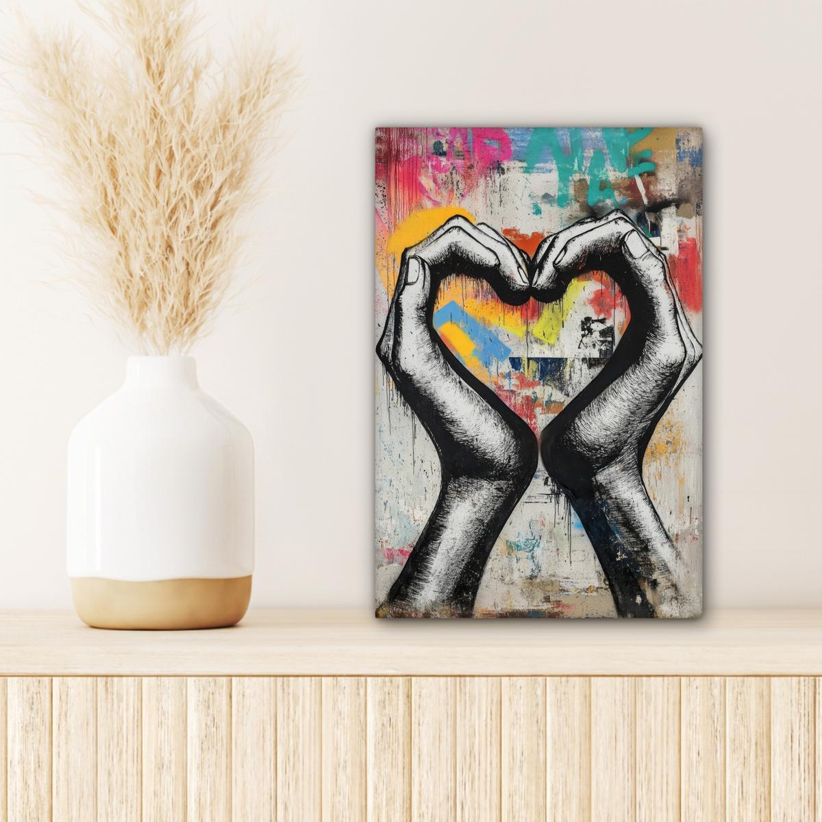 LEINWANDBILD Hände - Herz - Straßenkunst - Graffiti Deko Wohnzimmer 20x30 cm - Multicolor, Textil (20/30cm) - MuchoWow