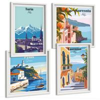 BILDER SET 4er Set - 50x50 cm & 40x60 cm Weißer Rahmen - Farbenfrohe Illustrationen von Retro-Städten - Weiß, Kunststoff (50/50cm) - TULUP