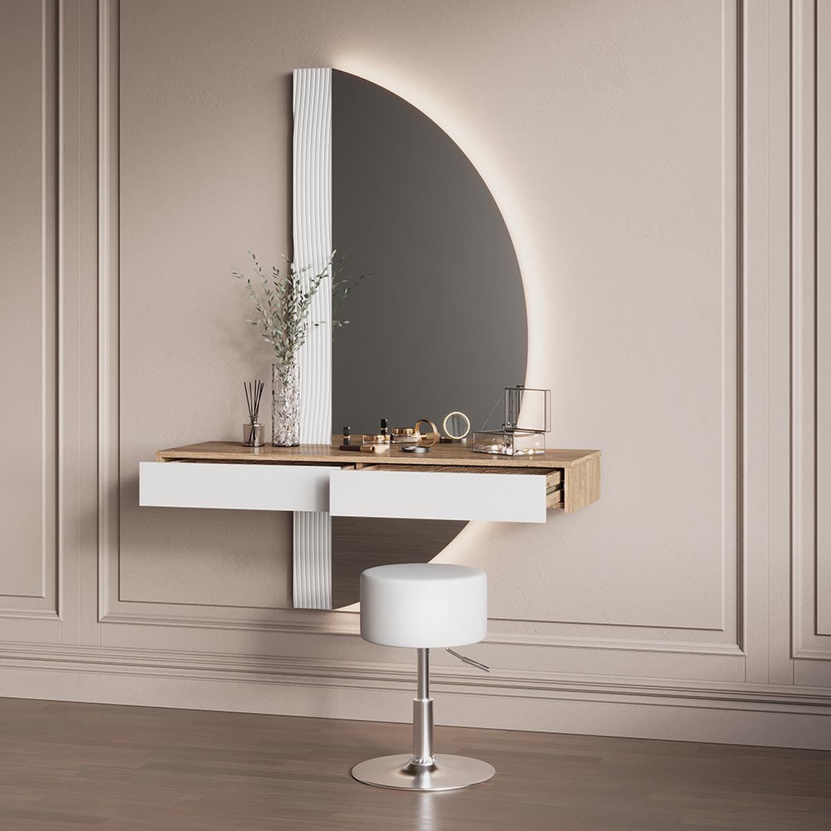 SCHMINKTISCH Ascona Weiß mit LED Beleuchtung und Hocker - Weiß, Holzwerkstoff (120/161.1/40cm) - Livinity®