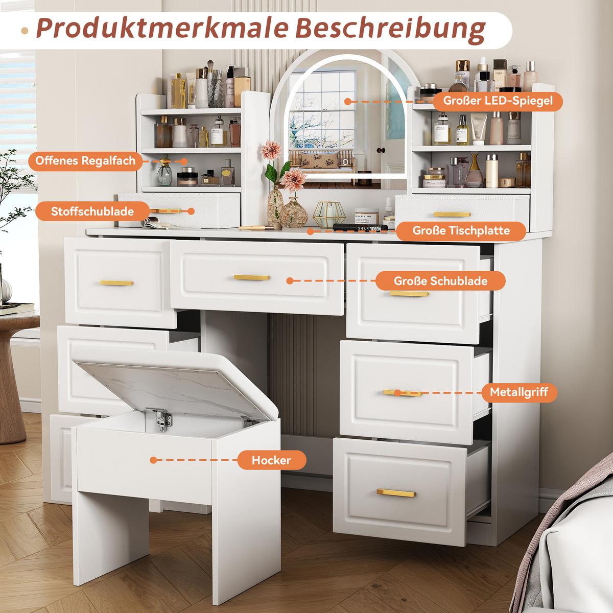 SCHMINKTISCH Weiß mit led-spiegel & 9 staufächern - Weiß, Holzwerkstoff (120/135/40cm) - Urban Meuble