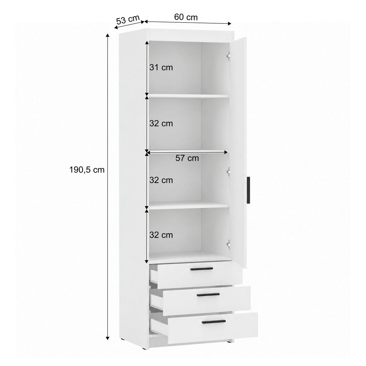 DREHTÜRENSCHRANK Elena mit 1 Tür und 3 Schubladen, Eiche Lefkas - Eichefarben, Holzwerkstoff (60/190/53cm) - Beautysofa