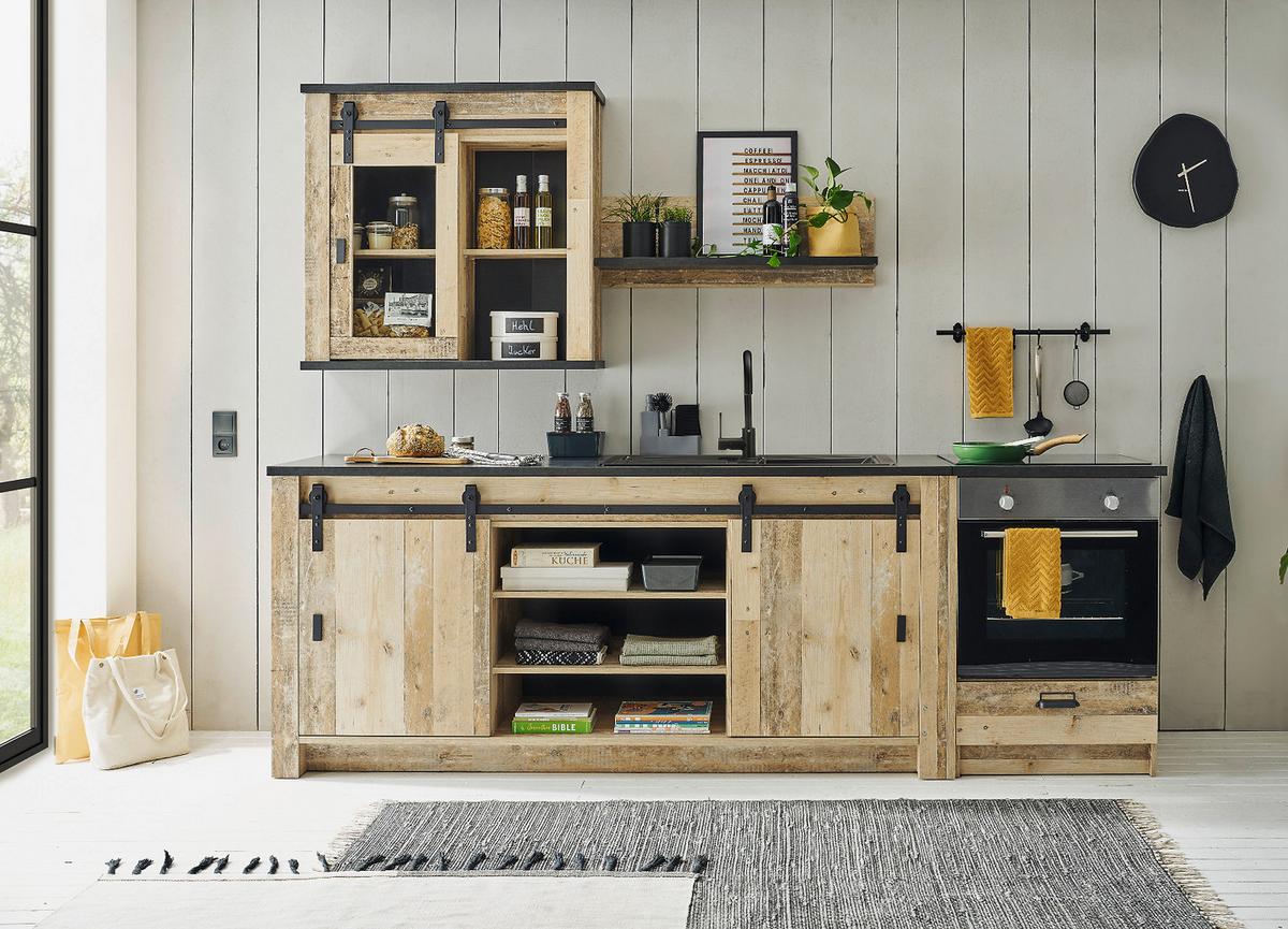 KÜCHENZEILE in Used Wood, anthrazit 204 cm, Küchenschrank Set mit Soft-Close - Anthrazit/Schwarz, Glas/Holzwerkstoff (264/200/64cm) - Furn.Design