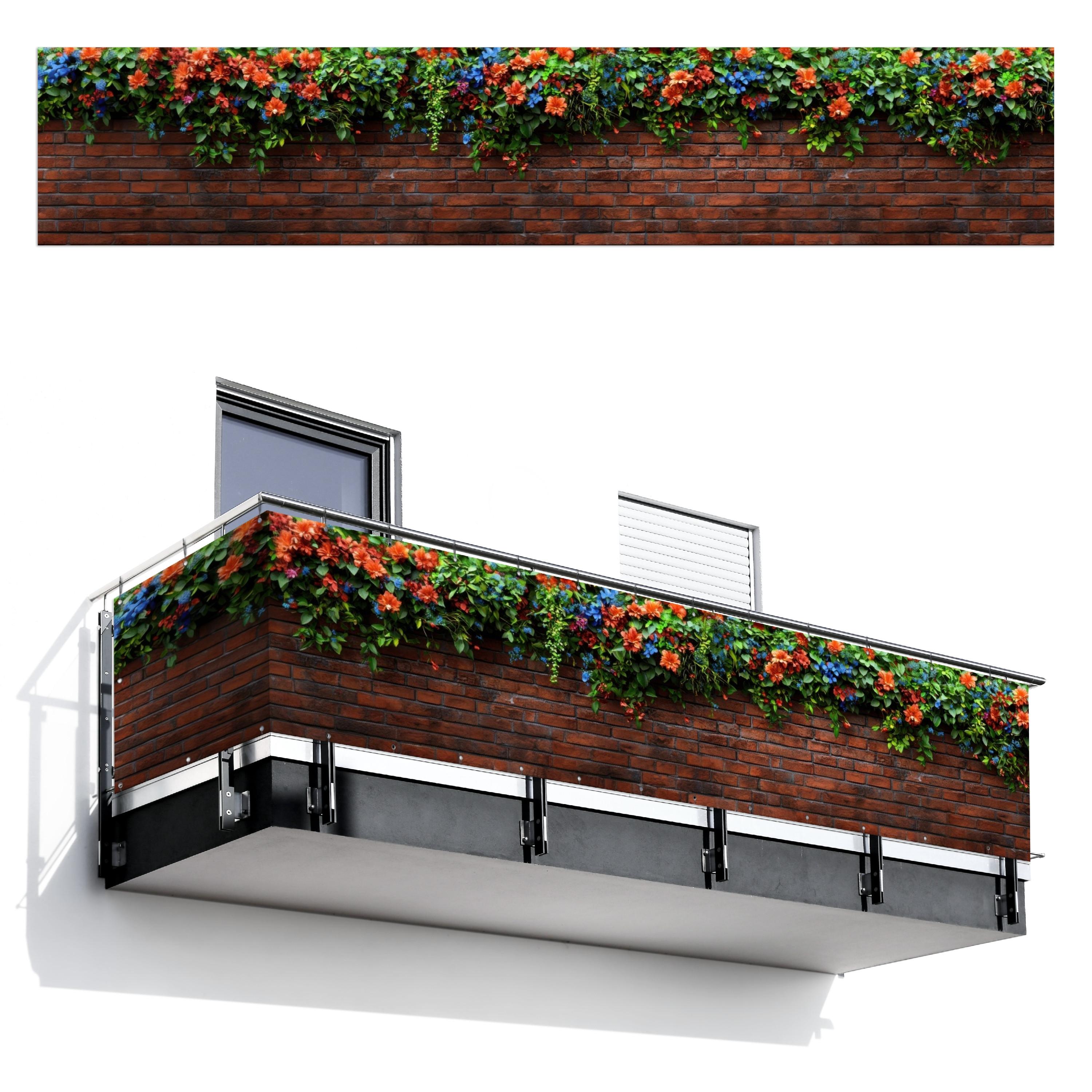 BALKON-SICHTSCHUTZ Blumen - Wand - Grün - Orange Groß 500x95 cm - Rotbraun, Kunststoff (500/95cm) - MuchoWow