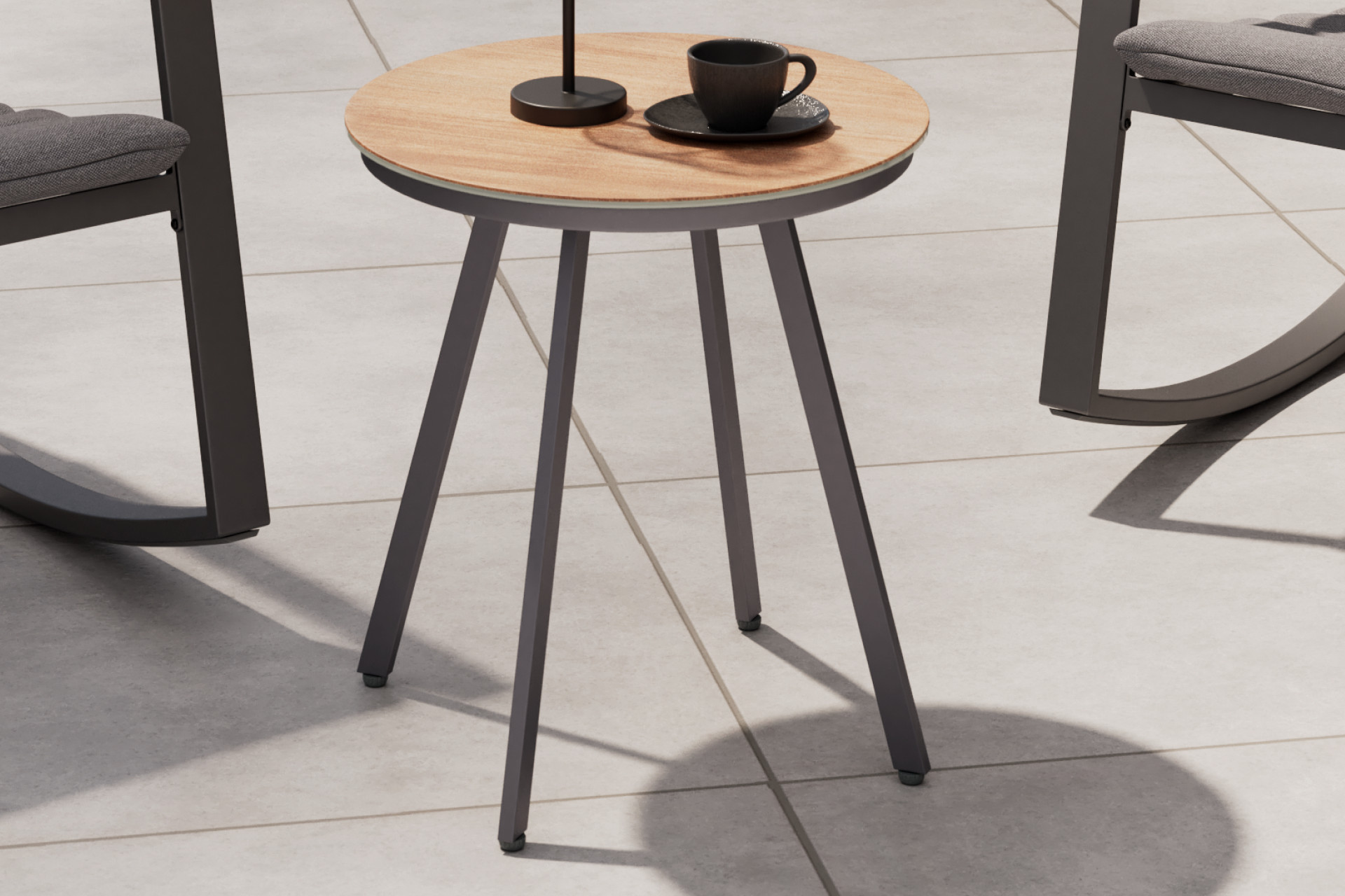 Tisch zu Balkonset rund Glasplatte Glaskeramik Struktur Holzoptik siebgedruckt Gestell Tischbeine Dunkelgrau Gusseisen 