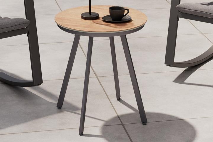 Tisch zu Balkonset rund Glasplatte Glaskeramik Struktur Holzoptik siebgedruckt Gestell Tischbeine Dunkelgrau Gusseisen