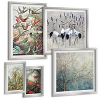 BILDER SET 5er Set - 50x50 cm & 20x30 cm & 40x60 cm Silberner Rahmen - Pastellfarbene Berglandschaft mit rosa Flamingos - Silberfarben, Kunststoff (40/60cm) - TULUP