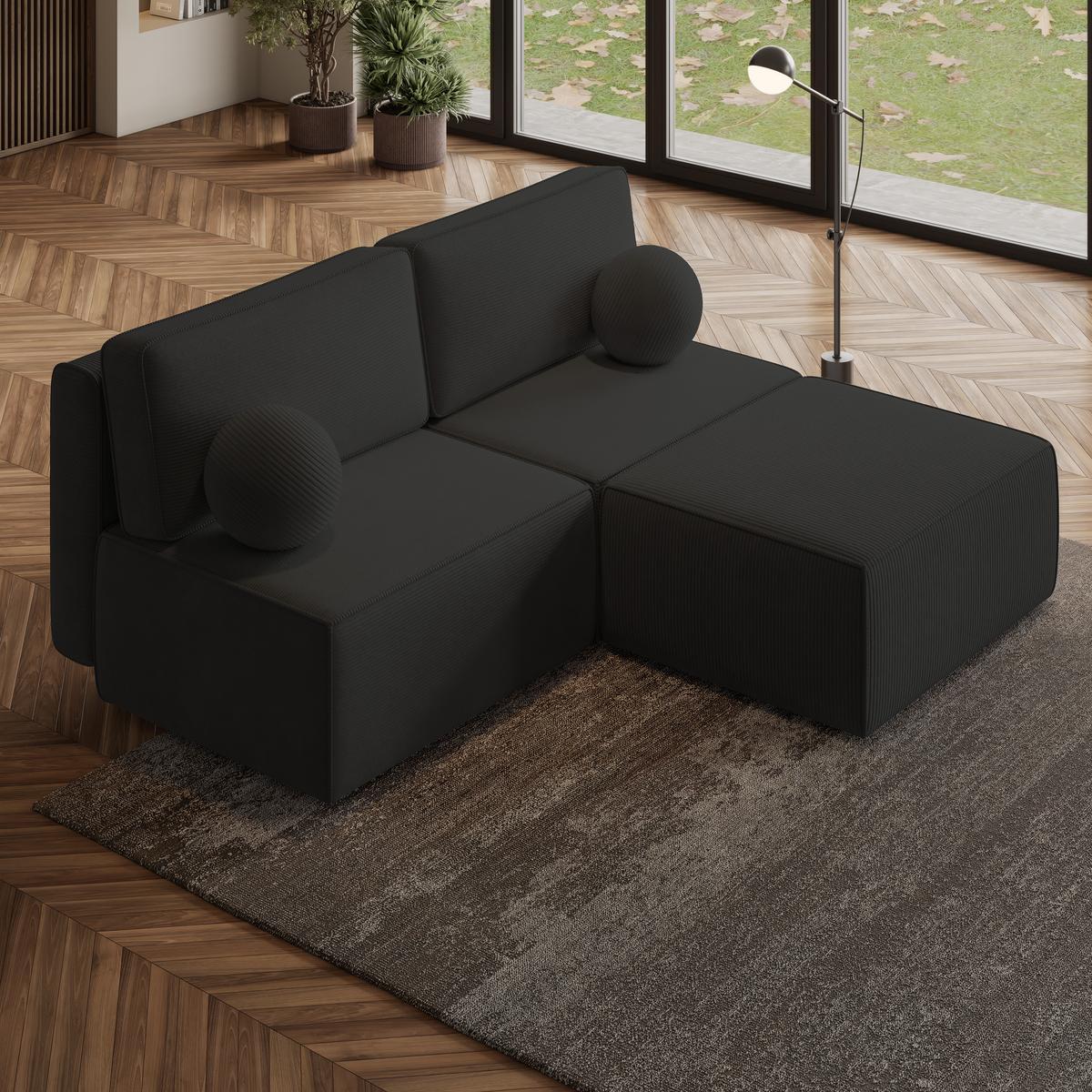 ECKSOFA VARNA P Schwarz Kordstoff mit Schlaffunktion - Schwarz/Grau, Holz/Kunststoff (196/158cm) - MASSENO