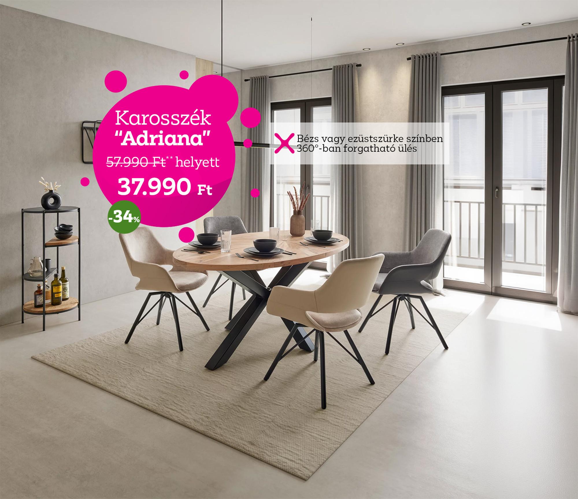 Adriana karosszék bézs vagy szürke színben, 360 fokban forgatható üléssel 57990 forint helyett 37990 forint, kedvezmény mértéke 22%