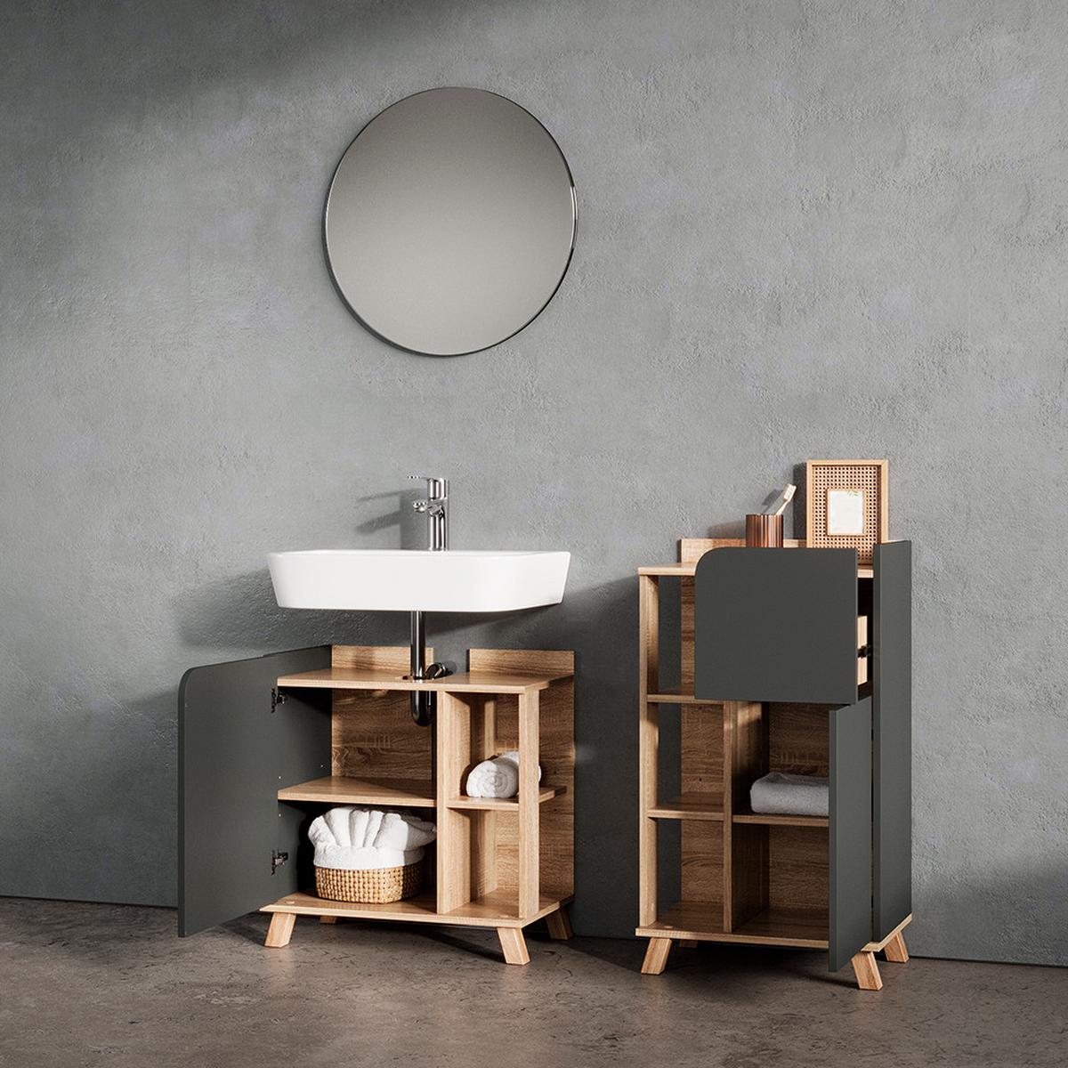BADMÖBEL-SET Marano Anthrazit 3 Teile, mit Midischrank - Anthrazit, Holzwerkstoff (35/65/60cm) - Livinity®