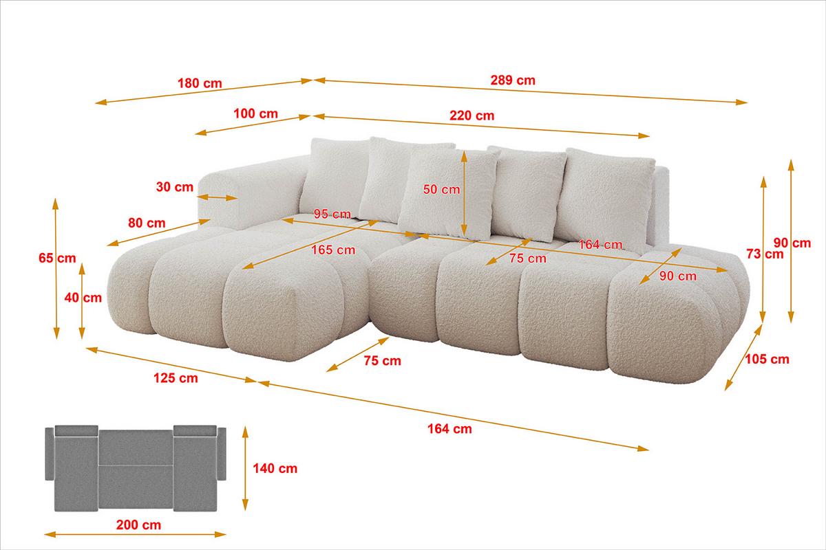 ECKSOFA Ottomane Links CLOUD-L-v1 280x185x90 Weiß Bouclé - Weiß, Holzwerkstoff/Kunststoff (180/289cm) - ALTDECOR
