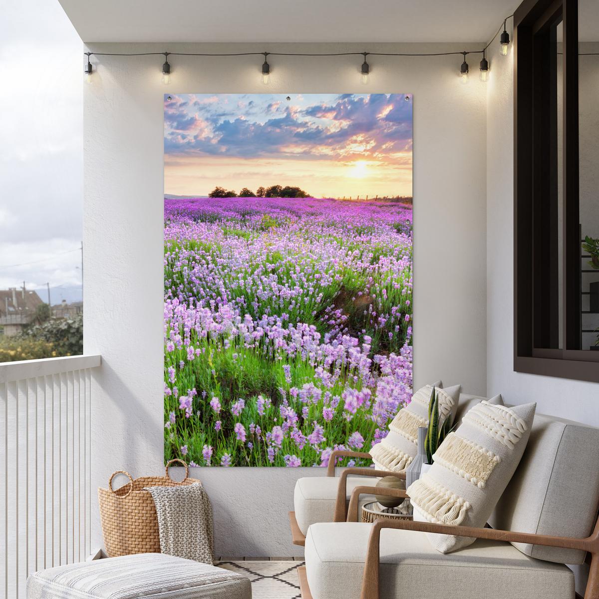 GARTENPOSTER Blumen - Lavendel - Lila - Himmel - Sonnenuntergang - Wiese - Natur Bild 120x180 cm - Flieder, Kunststoff (120/180/0.2cm) - OnlyWow