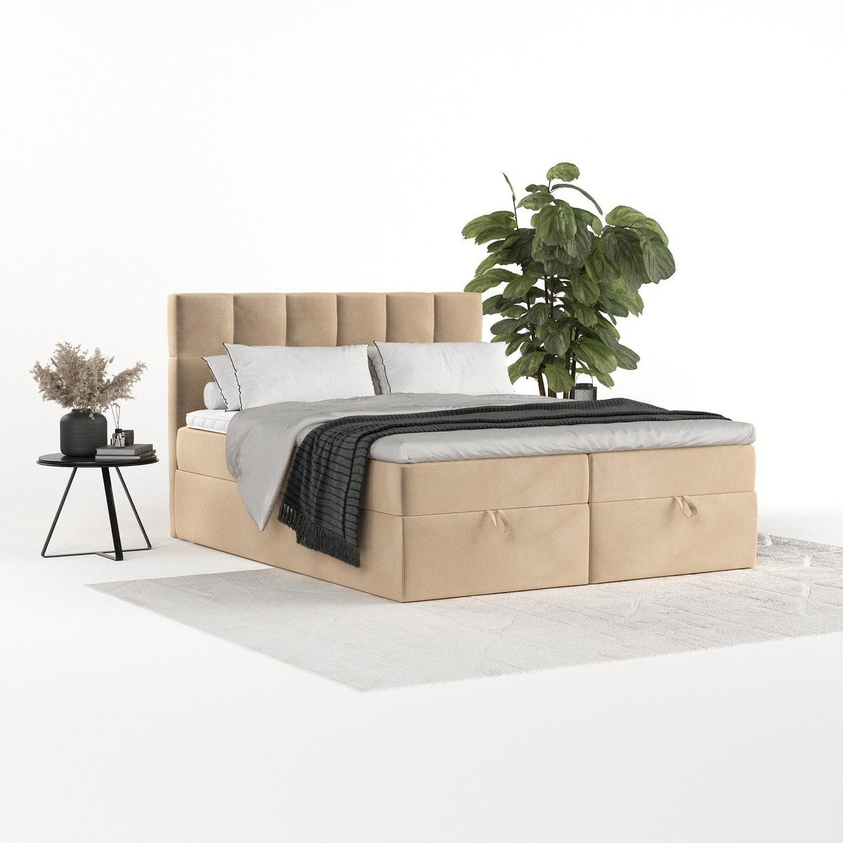 BOXBETT Savio 160/200 cm Beige im Kronos Stoff - Beige/Schwarz, Holz/Holzwerkstoff (160/200cm) - AltaBeds
