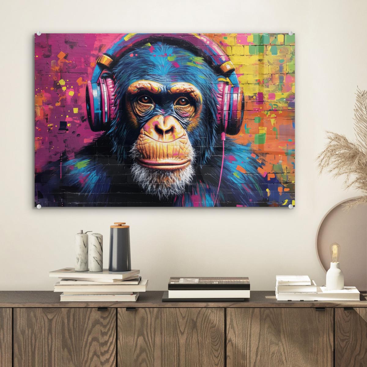 ACRYLGLASBILD Graffiti - Schimpanse - Straßenkunst - Kopfhörer - Affe Wanddeko 60x40 cm - Blau, Glas (60/40cm) - MuchoWow