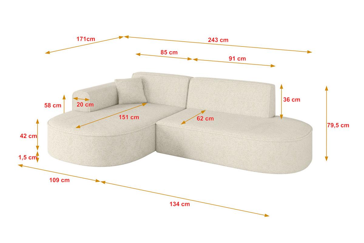 ECKSOFA Ottomane Links MARI-L1 - 243x171x79 cm Creme Tissu - Creme/Schwarz, Holzwerkstoff/Kunststoff (243/171cm) - ALTDECOR