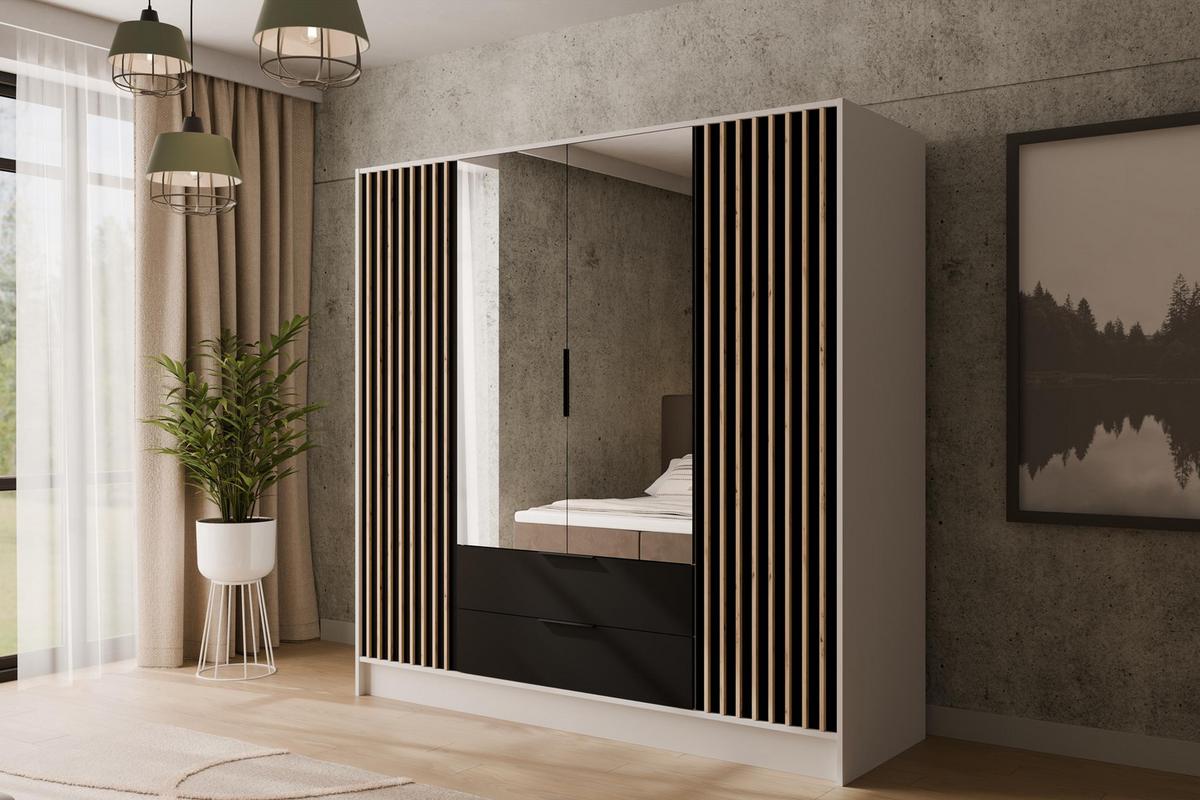 KLEIDERSCHRANK NELIA - 200 cm - Schwarz/Weiß, Holzwerkstoff (200/200/51cm) - ALTDECOR