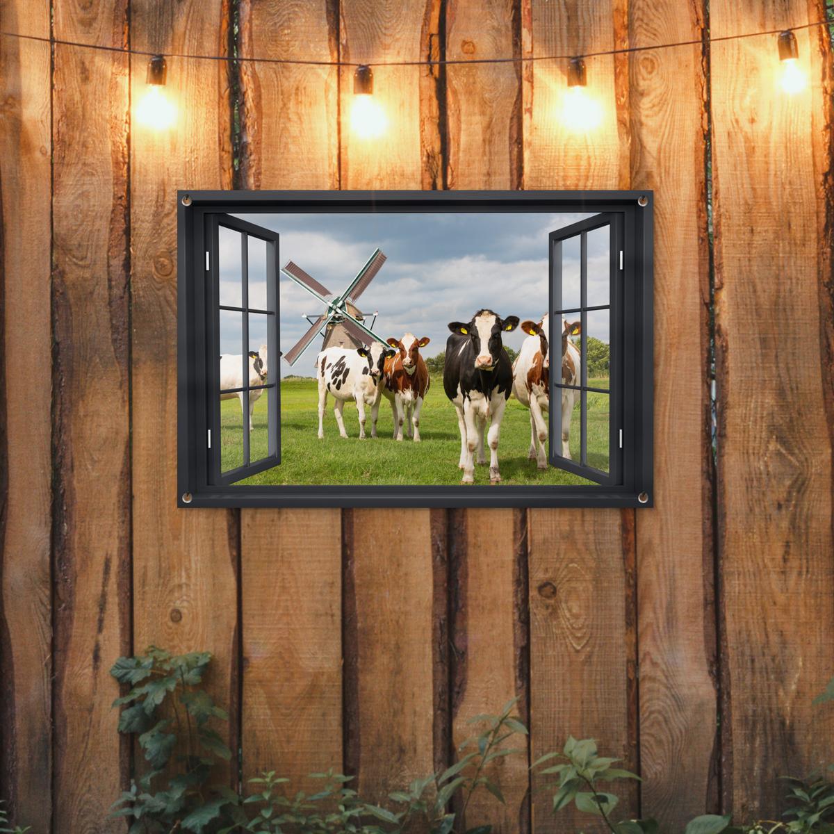 GARTENPOSTER Aussicht - Kuh - Mühle - Kühe - Wiese - Gras - Grün Gartendeko 90x60 cm - Anthrazit, Kunststoff (90/60/0.2cm) - OnlyWow