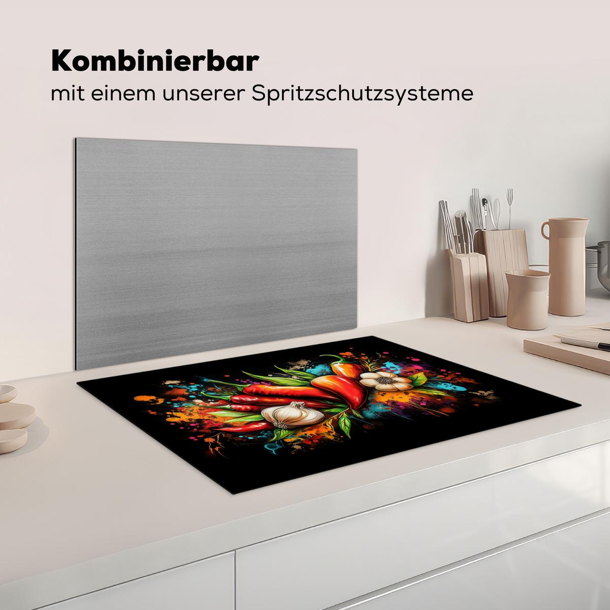 HERDABDECKPLATTE Gemüse - Paprika - Knoblauch - Graffiti - Farbe - Bunt Herdabdeckung Induktionsfeld 75x52 cm - Rot, Kunststoff (75/52/0.2cm) - MuchoWow