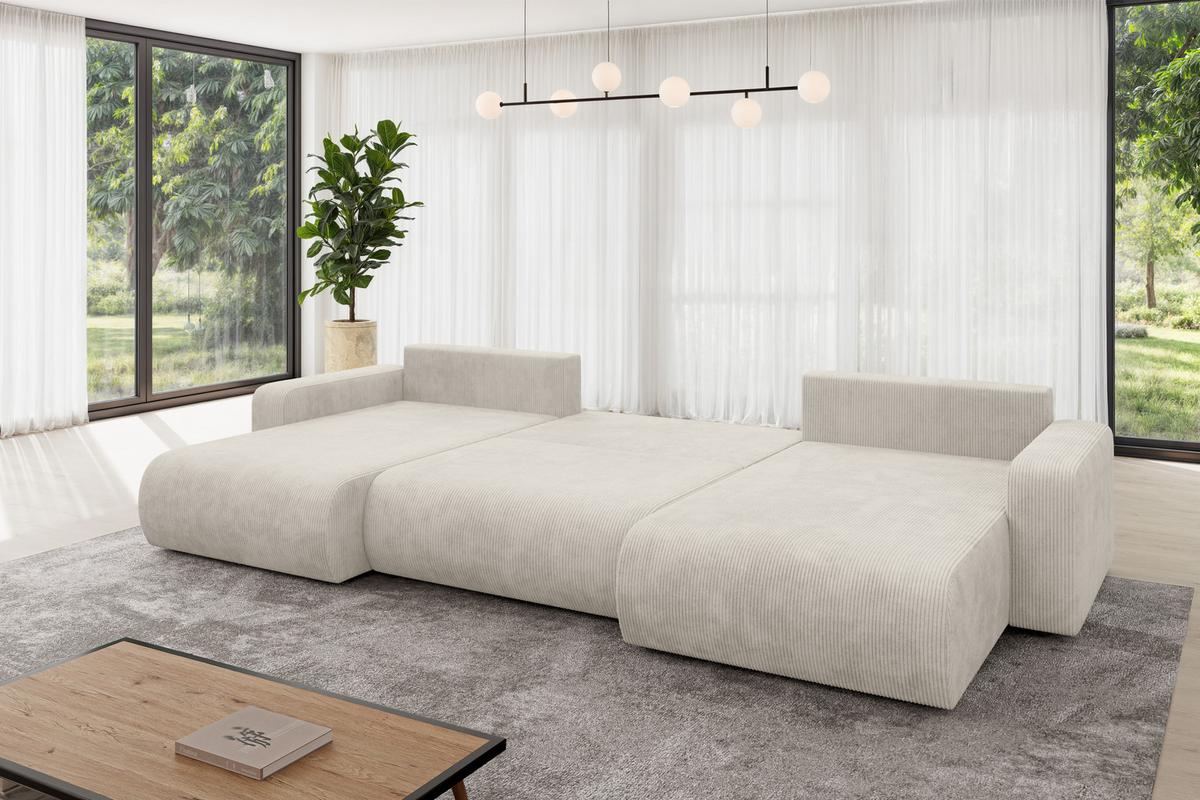 WOHNLANDSCHAFT mit Schlaffunktion und Bettkasten BERY-U 377x193x88 Creme Cord - Ecru/Creme, Holzwerkstoff/Kunststoff (377/88/193cm) - ALTDECOR