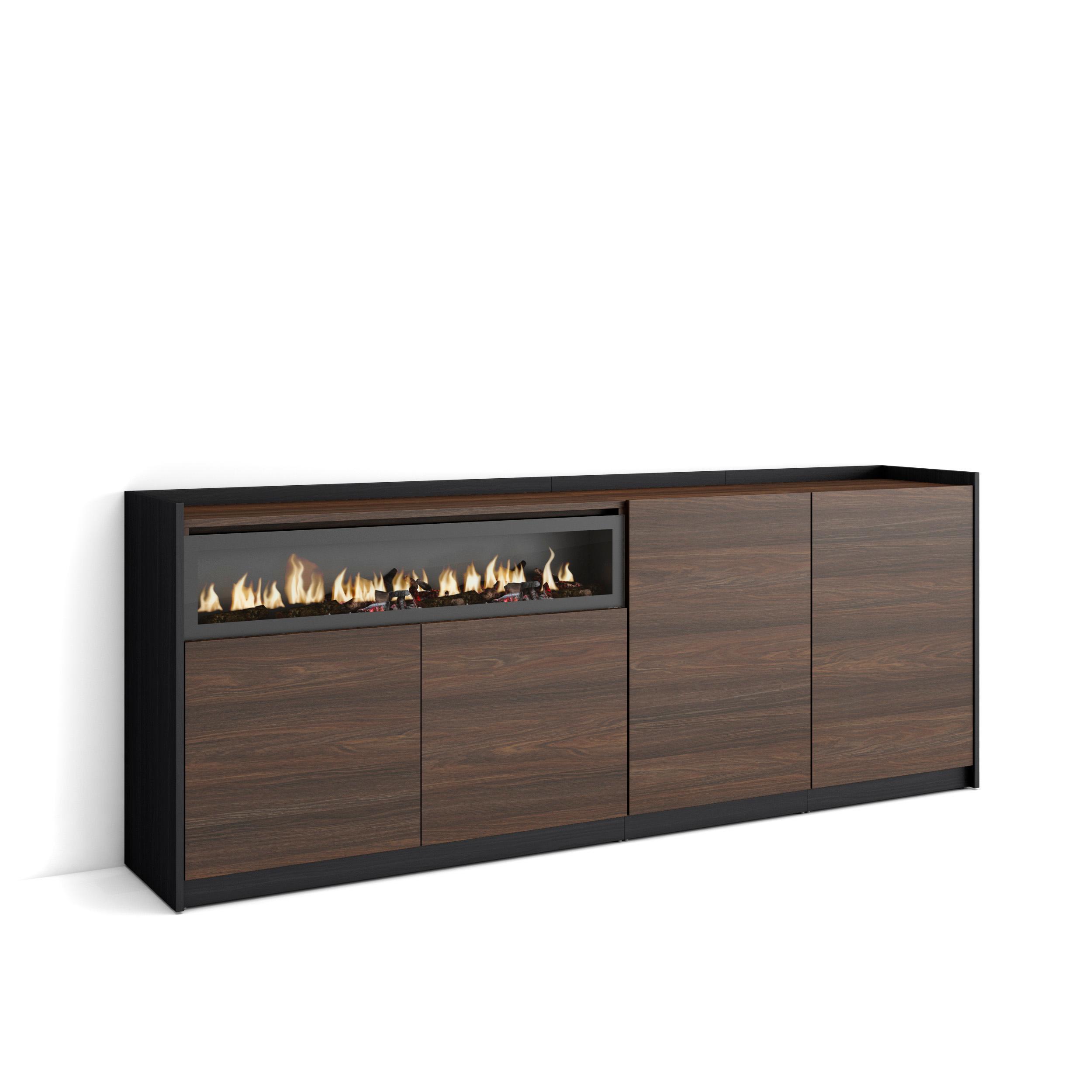 SIDEBOARD, Highboard, Dunkler Eiche und Schwarz, Elektrokamin, 207/37/80cm - Hellbraun, Holzwerkstoff (207/80/37cm) - Skraut Home