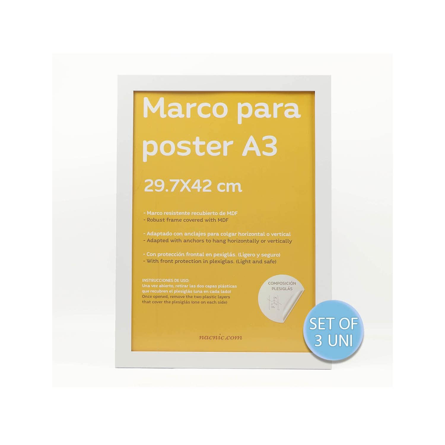 RAHMEN Set mit 3 aus MDF und Acrylglas Schutz und Aussteller für Fotografien, Bilder, Poster, Gemälde, Dekoration für Haus Farbe Weiß A3 - Weiß, Holz (29.7/3cm) - Nacnic