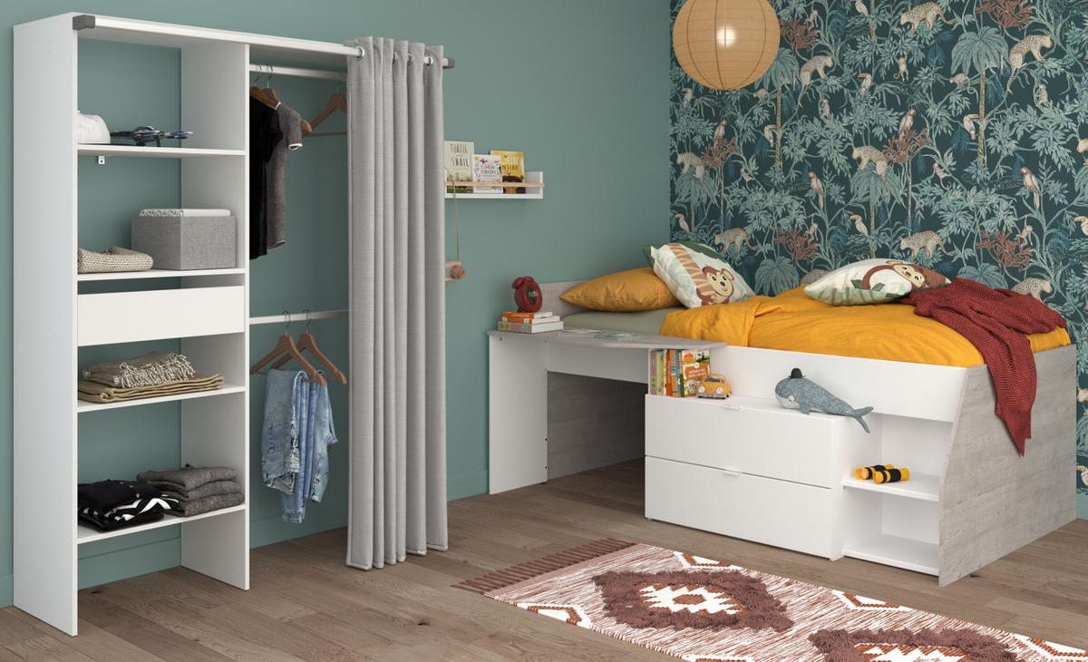 KINDERZIMMER weiß, grau 2-teilig, Jugendzimmer-Set Stauraumbett und Kleiderschrank - Schwarz/Weiß, Holzwerkstoff/Kunststoff (143/182/135cm) - Parisot Meuble