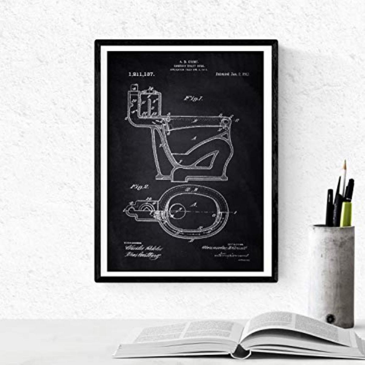 POSTER Set mit 4 Schwarz Badezimmer Patent A4 Schwarzer Rahmen - Schwarz, Papier (29.7/3cm) - Nacnic