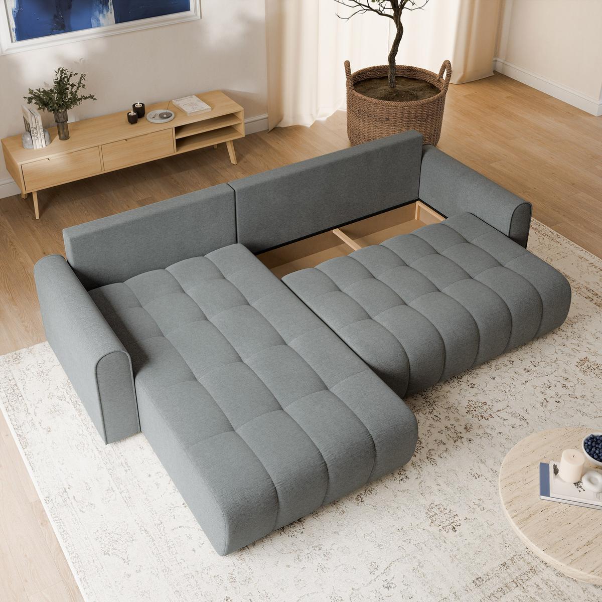ECKSOFA FRIGA Grau Strukturstoff mit Schlaffunktion - Grau, Holz (283/185cm) - MASSENO