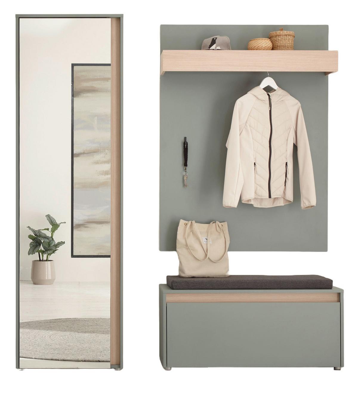 GARDEROBE Set 4-teilig, Salbei Grün und Eiche 170 x 200 cm mit Garderobenschrank und Spiegel - Salbeigrün/Eichefarben, Glas/Holz (170/200/40cm) - Furn.Design