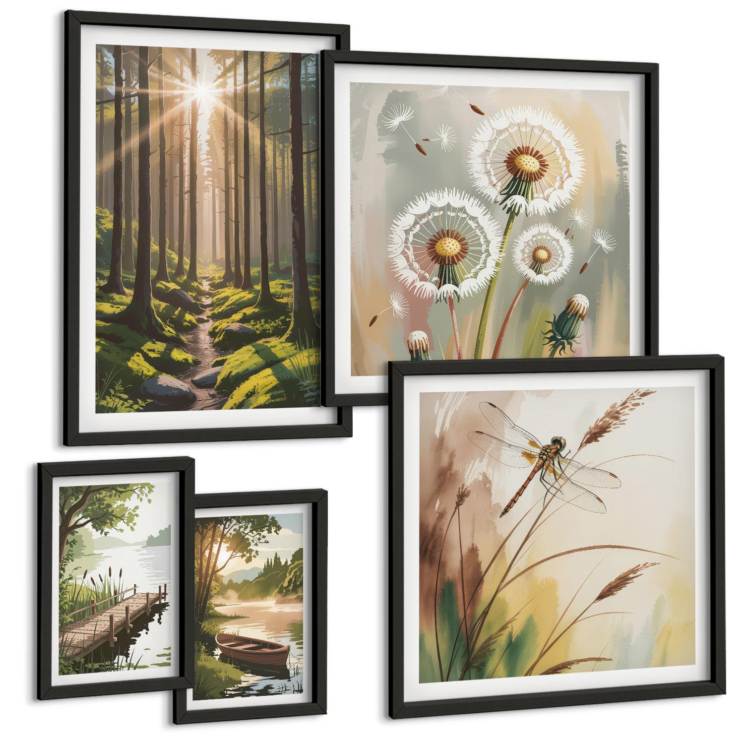 BILDER SET 5er Set - 50x50 cm & 20x30 cm & 40x60 cm Schwarzer Rahmen - See, Wald, Boot, Morgennebel - Schwarz, Kunststoff (40/60cm) - TULUP