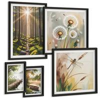 BILDER SET 5er Set - 50x50 cm & 20x30 cm & 40x60 cm Schwarzer Rahmen - See, Wald, Boot, Morgennebel - Schwarz, Kunststoff (40/60cm) - TULUP