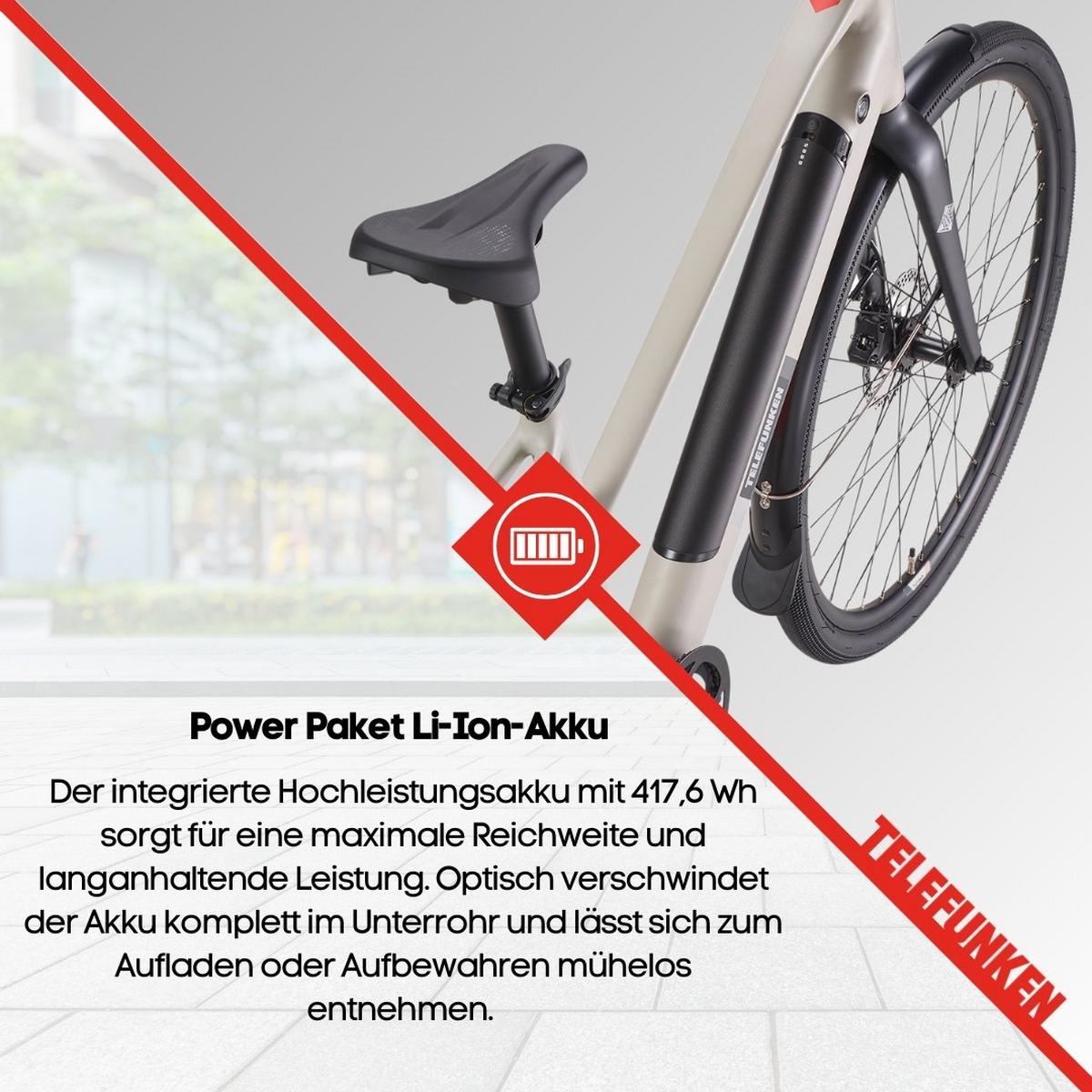 E-BIKE Urban UH210 Elektrofahrrad 28 Zoll Pedelec 417,6 Wh Hinterradmotor 7-Gang Kettenschaltung, leicht - Grau, Metall (111cm) - Telefunken
