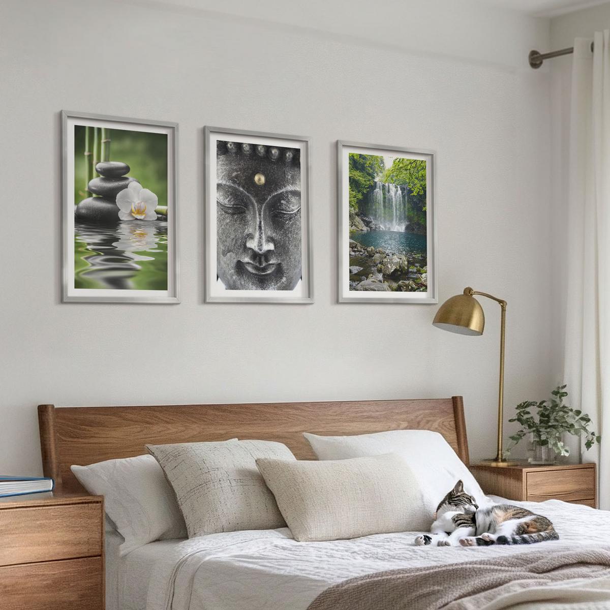 BILDER SET 3er Set - 40x60 cm Silberner Rahmen - Harmoniesteine Wasser Buddha - Silberfarben, Kunststoff (40/60cm) - TULUP