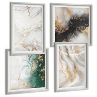 BILDER SET 4er Set - 50x50 cm & 40x60 cm Silberner Rahmen - Abstrakte Muster weiß schwarz grün - Silberfarben, Kunststoff (50/50cm) - TULUP