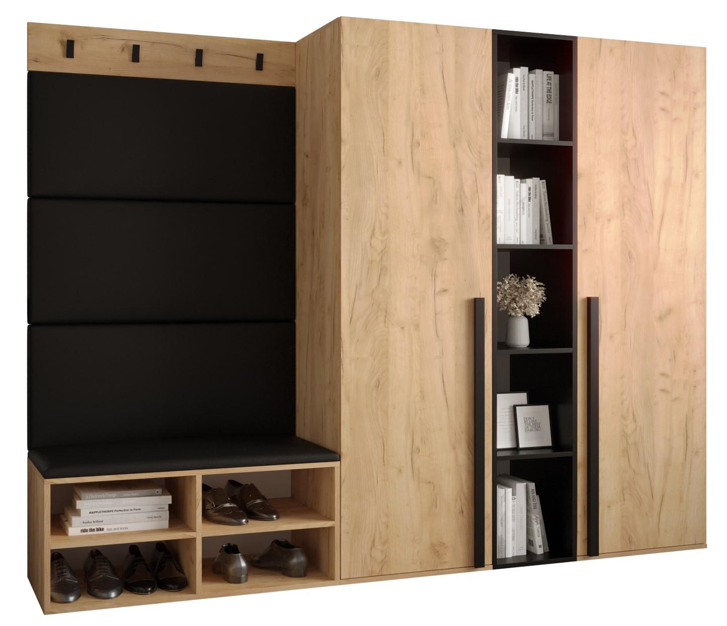 GARDEROBEN-SET 214/184/42 - Eichefarben/Schwarz, Holz/Kunststoff (214/184/42cm) - MÖBEL KRYSPOL