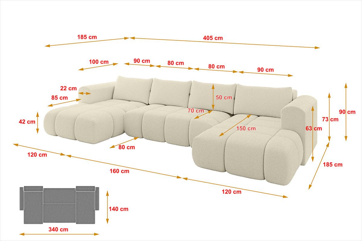 WOHNLANDSCHAFT CLOUD-U 405x185x90 Beige Bouclé - Beige, Holzwerkstoff/Kunststoff (405/90/185cm) - ALTDECOR