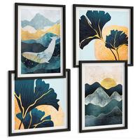 BILDER SET 4er Set - 50x50 cm & 40x60 cm Schwarzer Rahmen - Abstrakte ästhetische Berge - Schwarz, Kunststoff (50/50cm) - TULUP