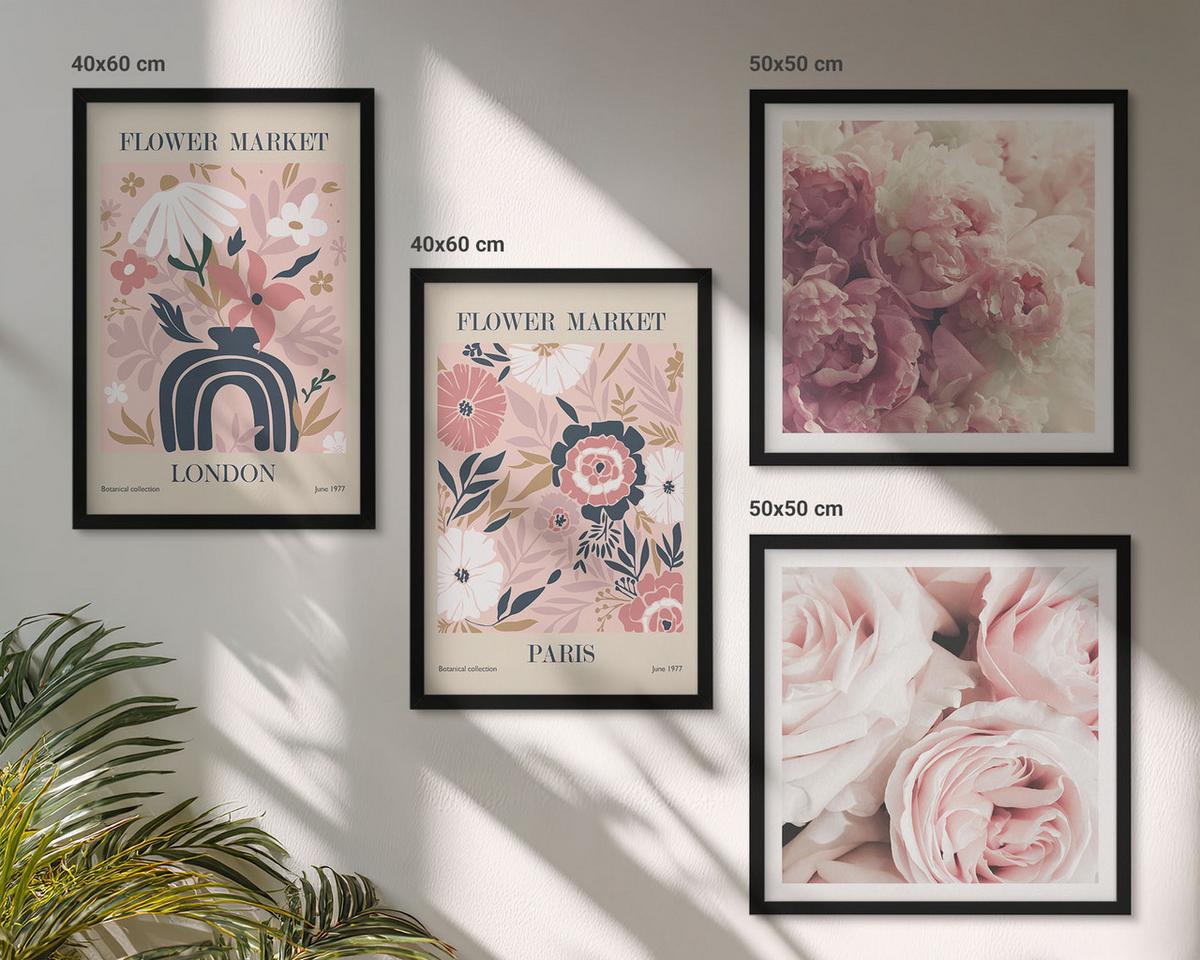 BILDER SET 4er Set - 50x50 cm & 40x60 cm Schwarzer Rahmen - Blumenmotive Rosen Paris - Schwarz, Kunststoff (50/50cm) - TULUP