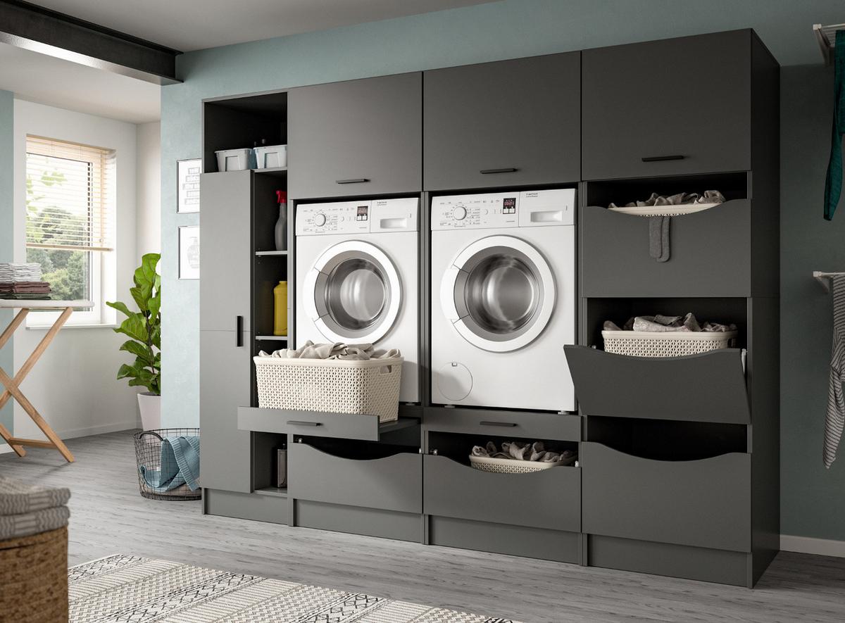 WASCHMASCHINENSCHRANK grau Set 4-teilig 242 x 196 cm, viel Stauraum - Schwarz/Grau, Holzwerkstoff/Kunststoff (242/196/68cm) - Inn.Furn