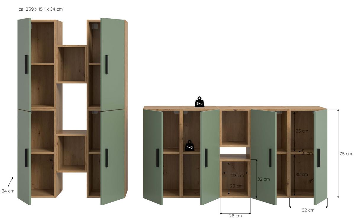 WOHNWAND grün, Eiche Artisan 259 x 184 cm, Wohnkombination hängend / stehend - Schwarz/Eiche Artisan, Holzwerkstoff/Kunststoff (259/151/34cm) - Inn.Furn