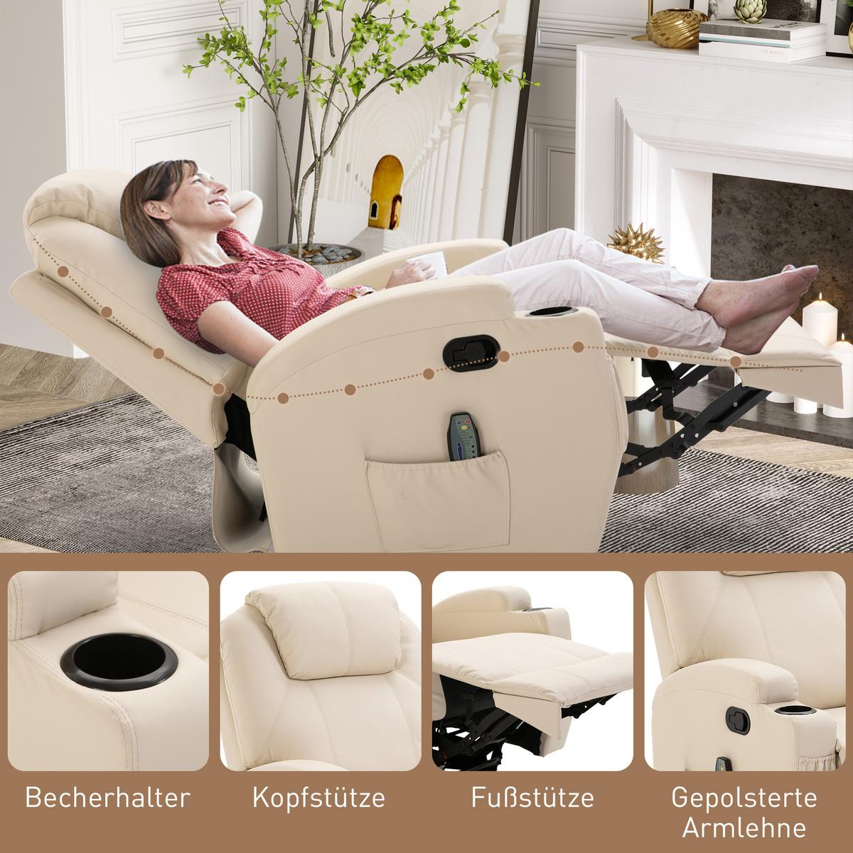 MASSAGESESSEL Fernsehsessel Elektrisch Relaxsessel 5 Massage-Modi Cremeweiß - Creme/Schwarz, Leder/Metall (92/109/84cm) - HOMCOM